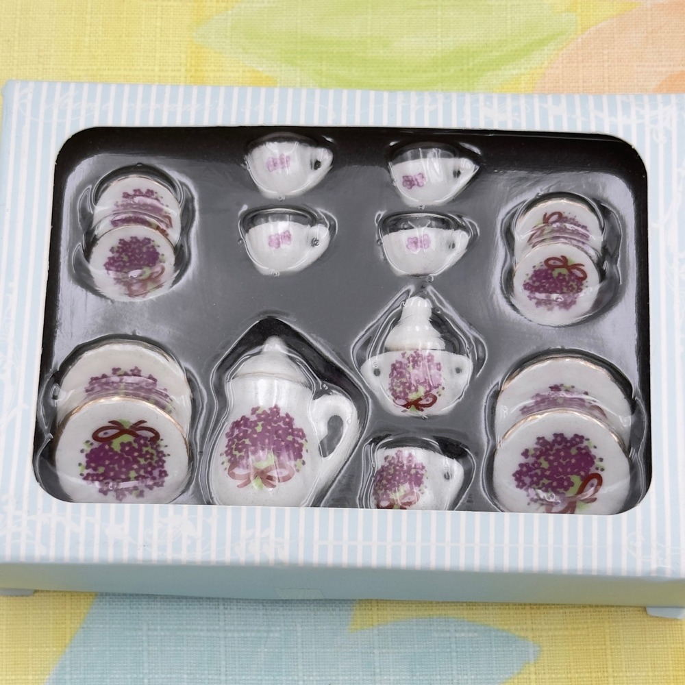 Miniature Ceramic Tea Set Purple Floral Bouquet Gold Rim 15pc Dollhouse NEW